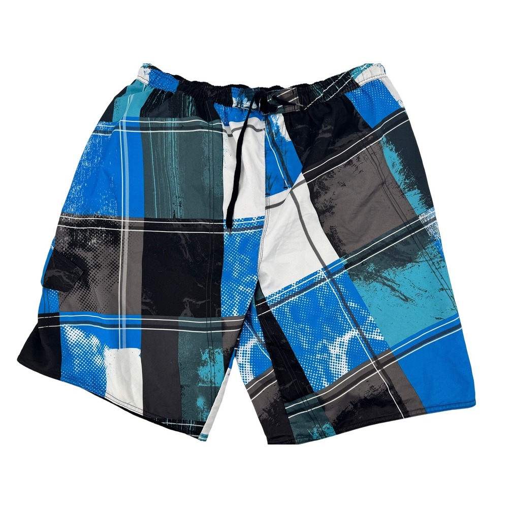 Burnside Board Shorts Mens XL Blue Black Plaid Graphic Swim Trunks Cargo Pocket